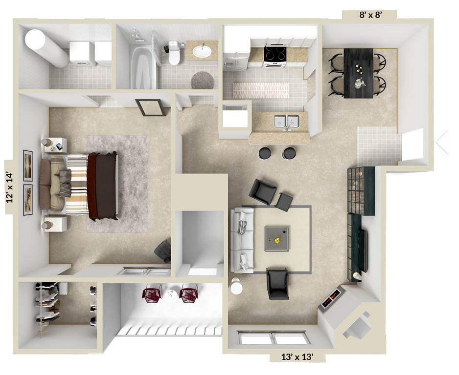 Floor plan for 1 bed, 1 bath, 831 sqft